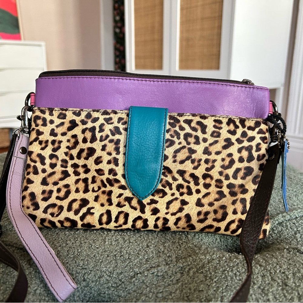 Soruka Nikki wristlet or crossbody Leopard print with purple & teal bag